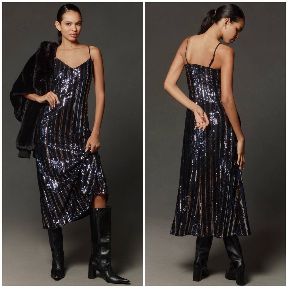 Anthropologie Maeve Sleeveless Sequin Dress Size Medium Black Sparkle Midi Glam